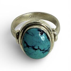 Vintage 925 Sterling Silver Turquoise Ring Oval Cabochon Size 5.5 (5g)